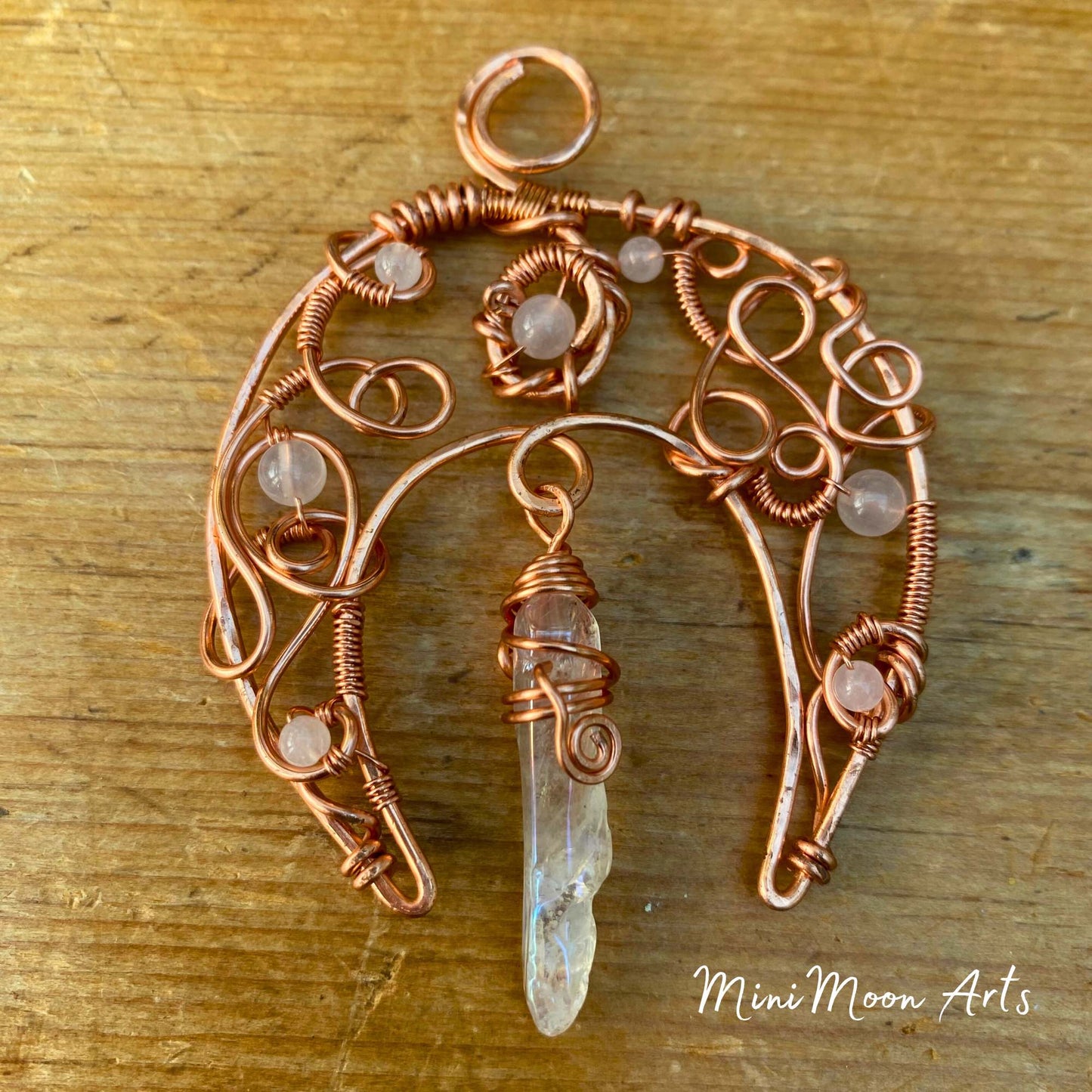 Aura Quartz & Rose Quartz Crescent Moon Bright Copper Wire Wrapped Pendant