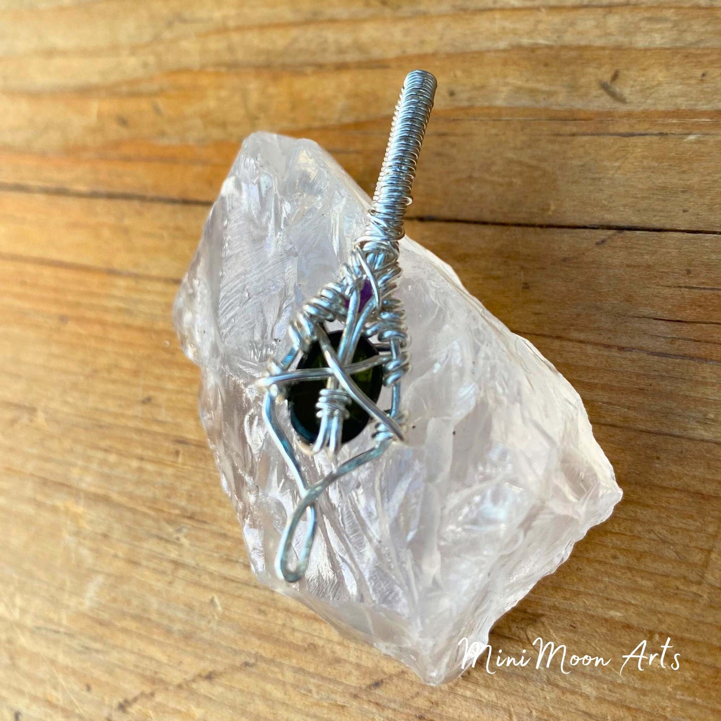 Dark Green Tourmaline  & Amethyst Silver Filled Wire Wrapped Pendant