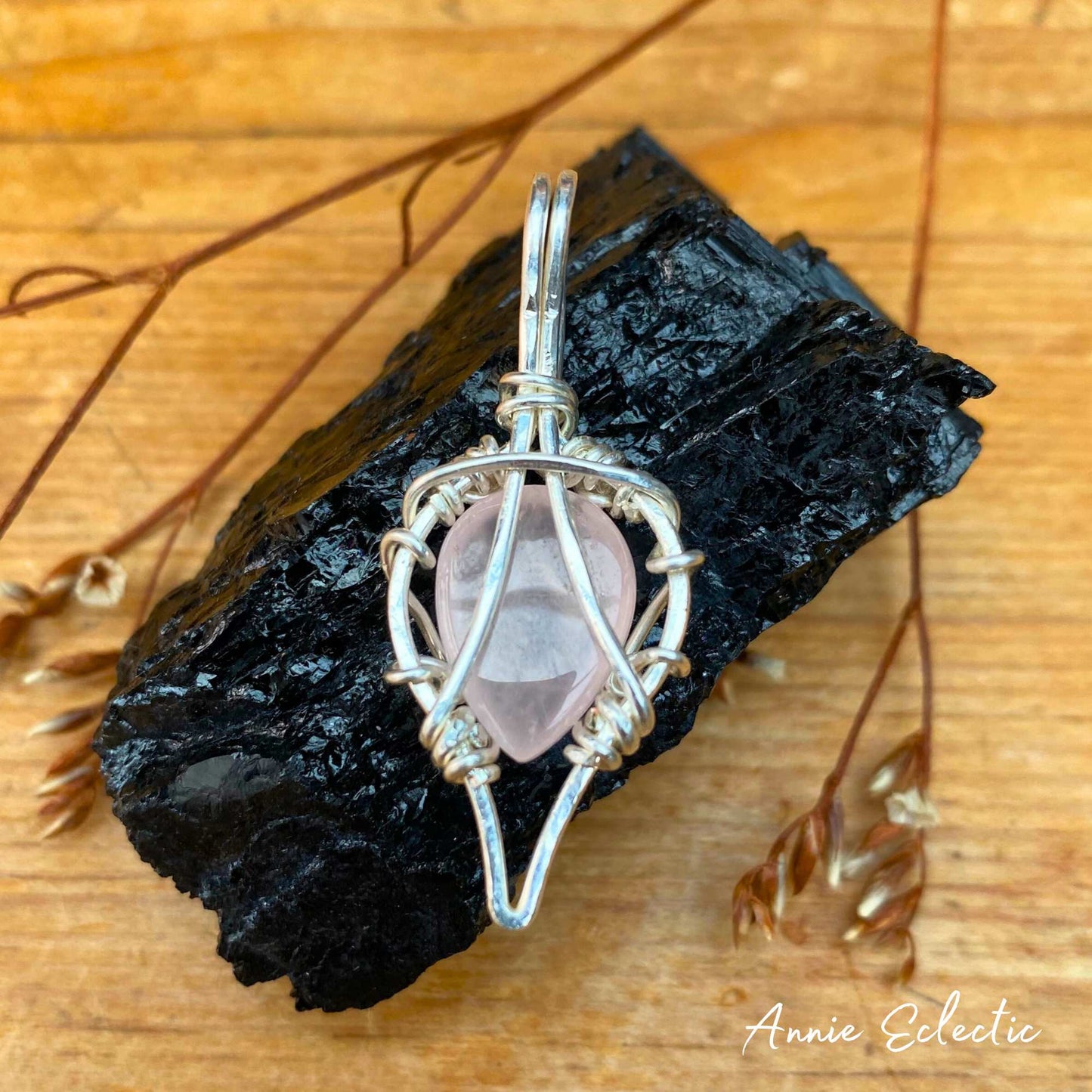 Rose Quartz Silver Filled Wire Wrapped Pendant