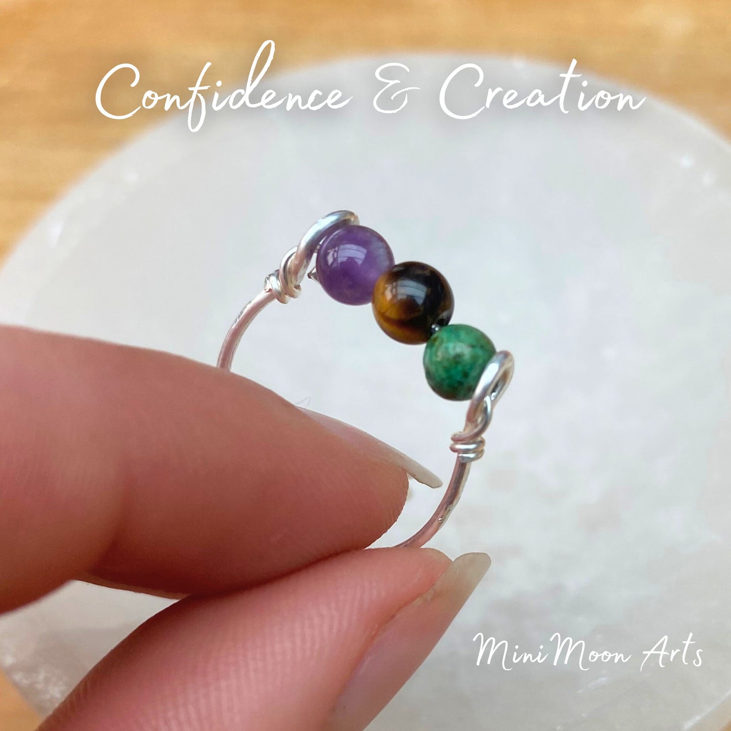 Confidence & Creation | Tiger's Eye, Amethyst, African Turquoise | Fidget & Crystal Healing Ring