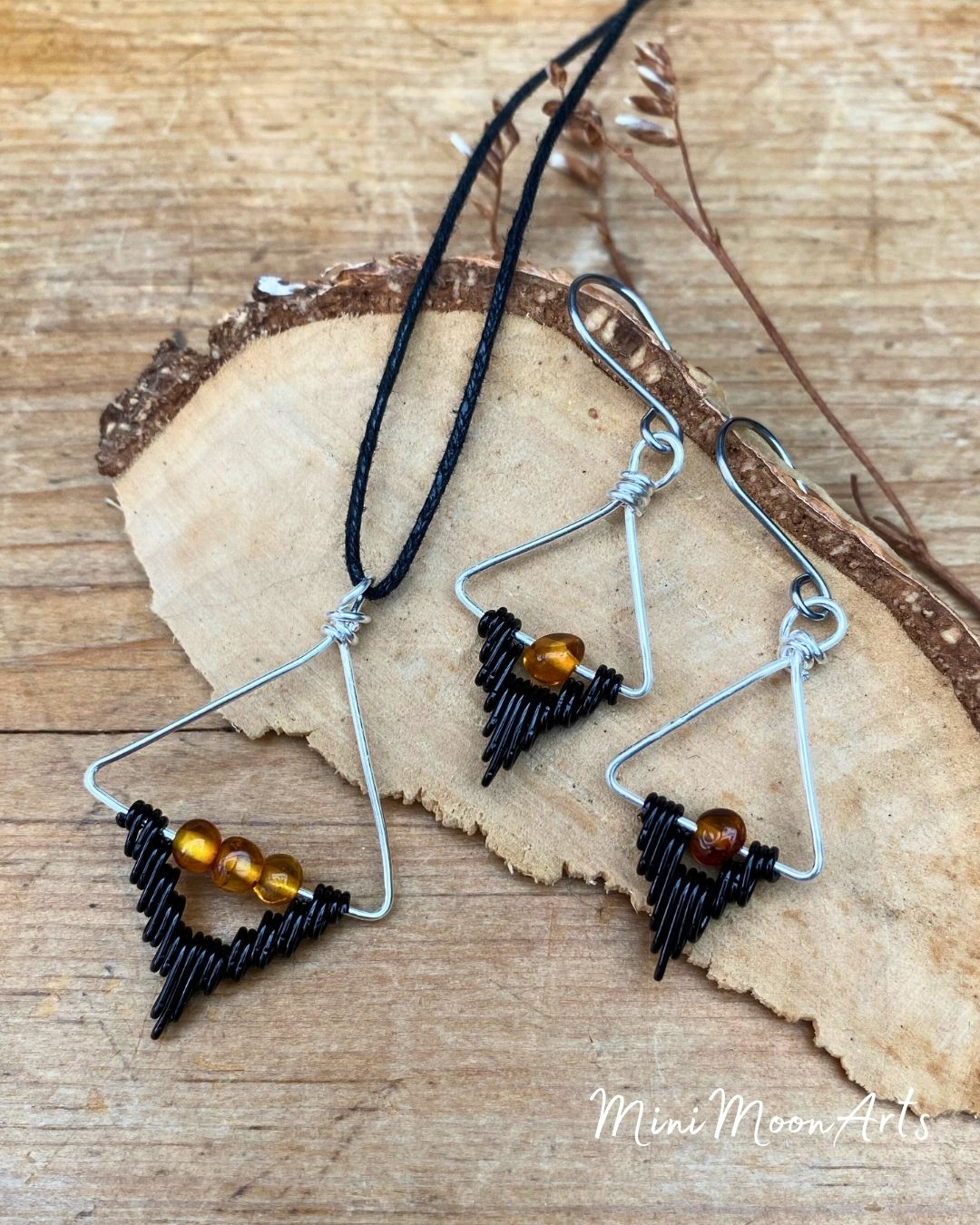 Baltic Amber Handcrafted Black & Silver-filled Wire Wrapped Earrings