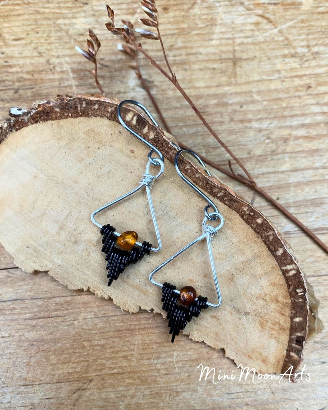 Baltic Amber Handcrafted Black & Silver-filled Wire Wrapped Earrings