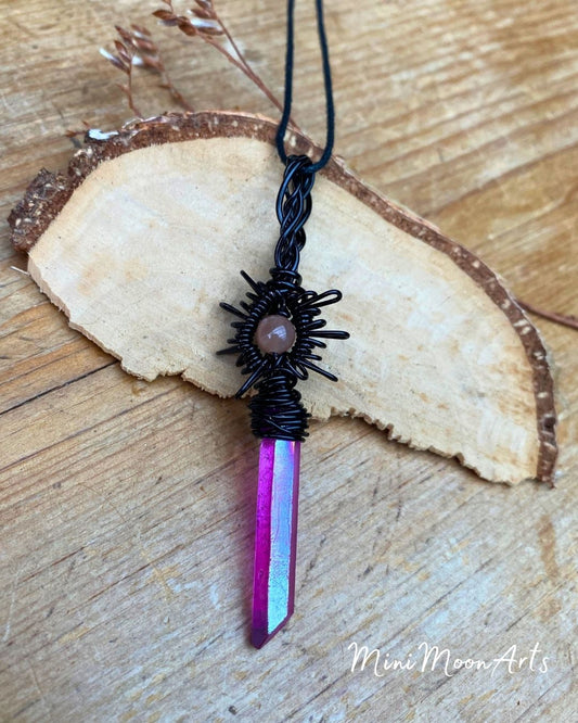 Sunstone Quartz & Purple Titanium Quartz Point Star Burst Handcrafted Black Wire Wrapped Pendant