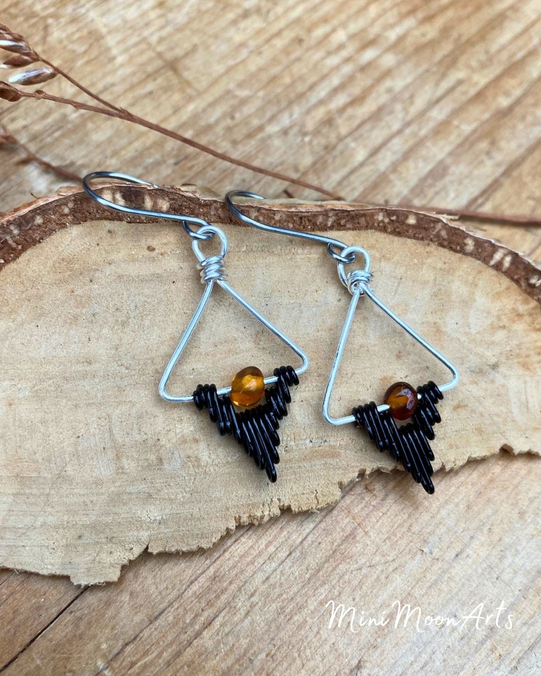 Baltic Amber Handcrafted Black & Silver-filled Wire Wrapped Earrings