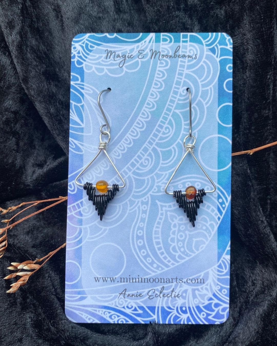 Baltic Amber Handcrafted Black & Silver-filled Wire Wrapped Earrings