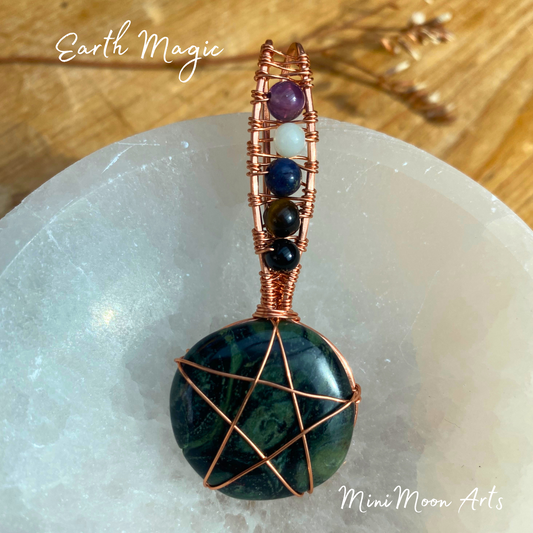 Earth Magic | Kambaba "Galaxy" Jasper & Elemental Crystals Pentacle Bright Copper Wire Wrapped Pendant