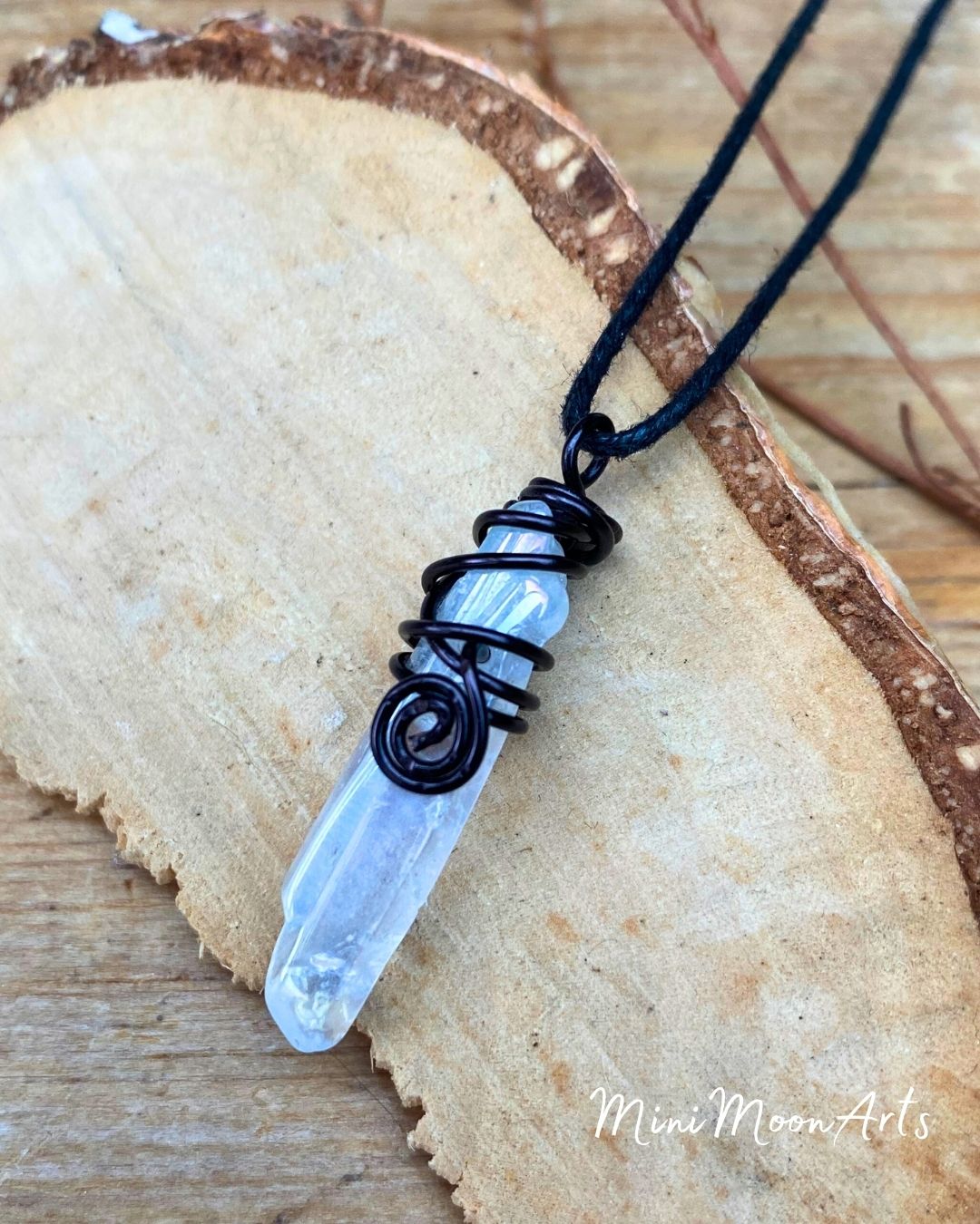 Clear Aura Quartz Handcrafted Wire Wrapped Pendant: Choose your wire colour.