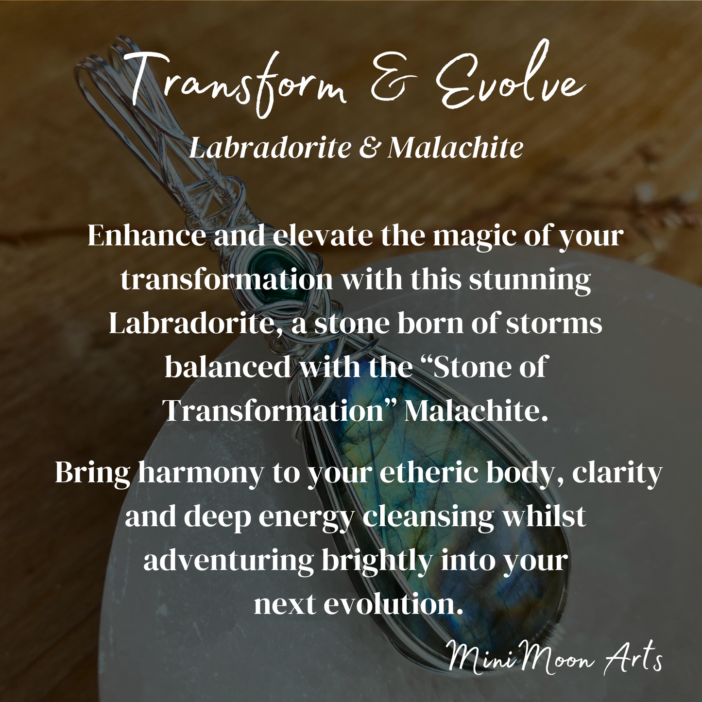 Transform and evolve Labradorite and malachite wire wrapped silver wire pendant info card