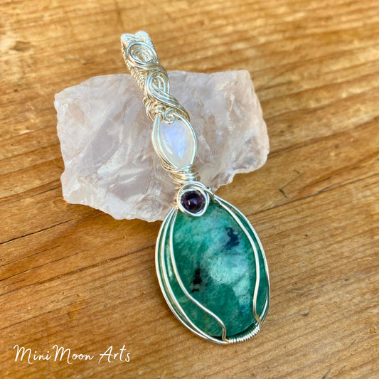 Amazonite, Moonstone & Amethyst Silver Filled Wire Wrapped Pendant
