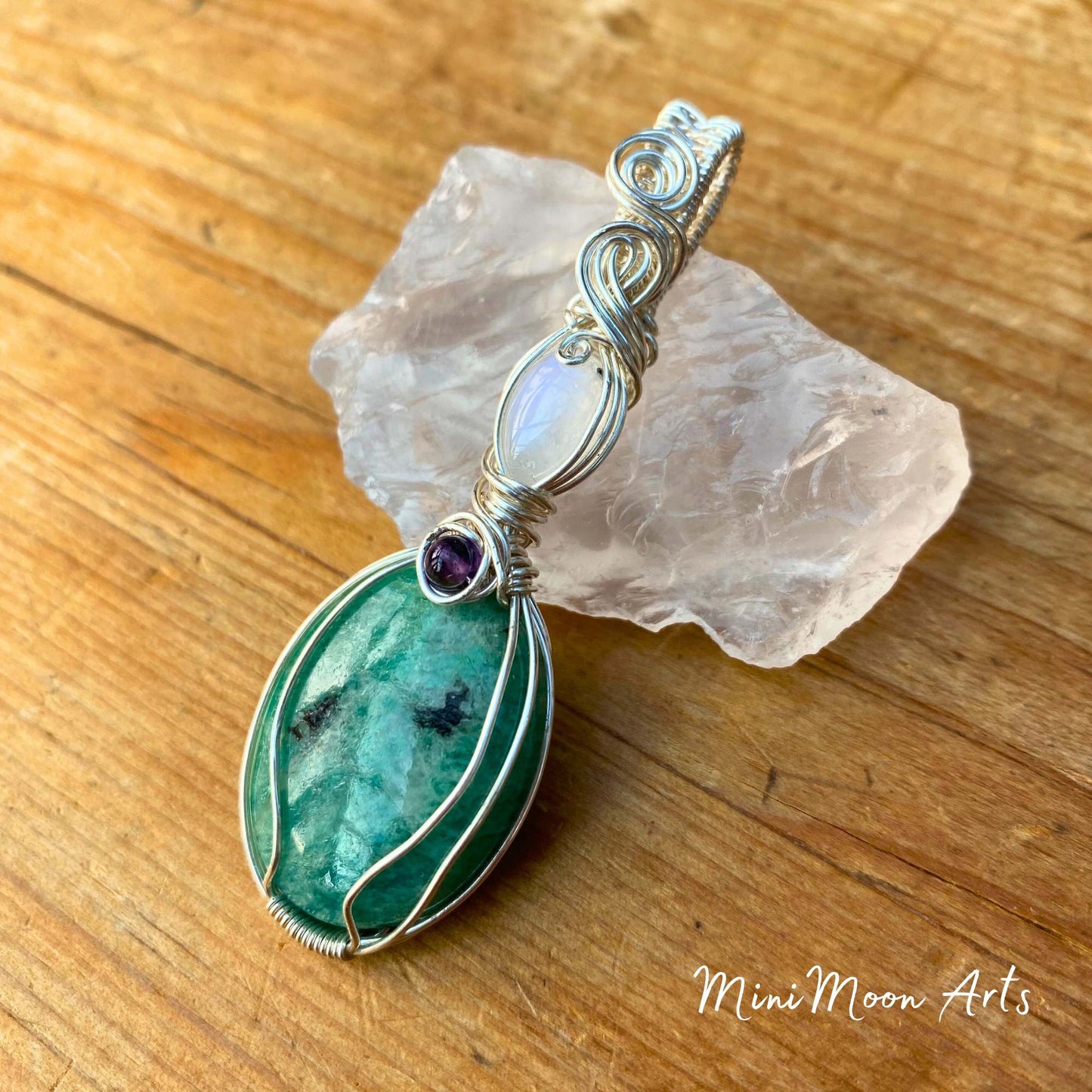 Amazonite, Moonstone & Amethyst Silver Filled Wire Wrapped Pendant