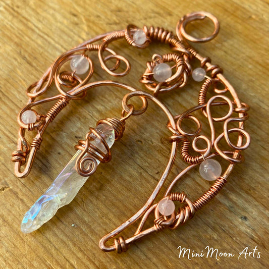 Aura Quartz & Rose Quartz Crescent Moon Bright Copper Wire Wrapped Pendant
