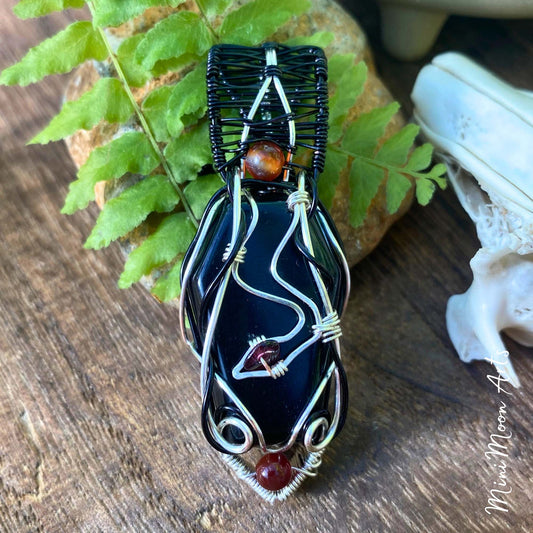 Deep Transformation | Black Obsidian Coffin, Red Garnet Snake & Carnelian Copper & Black Plated Copper Wire Wrapped Pendant