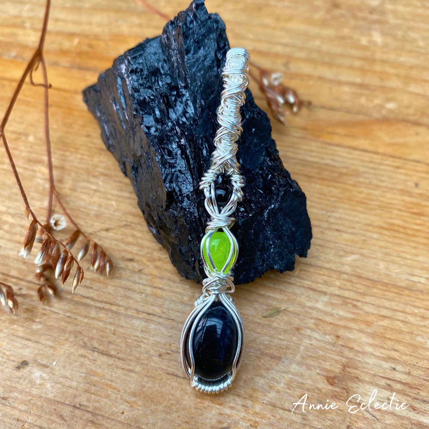 Blue tigers eye, Lime Jade & Black Agate Silver Filled Wire Wrapped Pendant