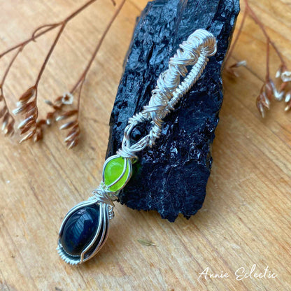 Blue tigers eye, Lime Jade & Black Agate Silver Filled Wire Wrapped Pendant