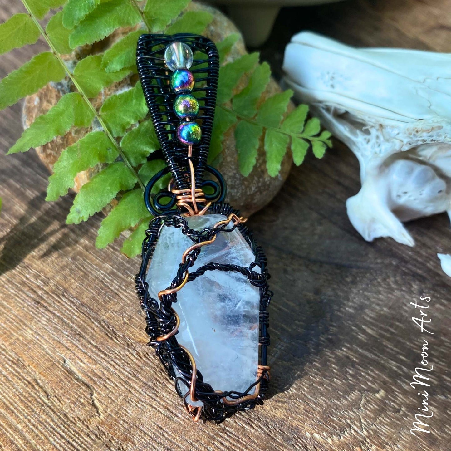 Both Sides of the Coffin | Clear Quartz Coffin & Rainbow Hematite Copper & Black Plated Copper Wire Wrapped Pendant