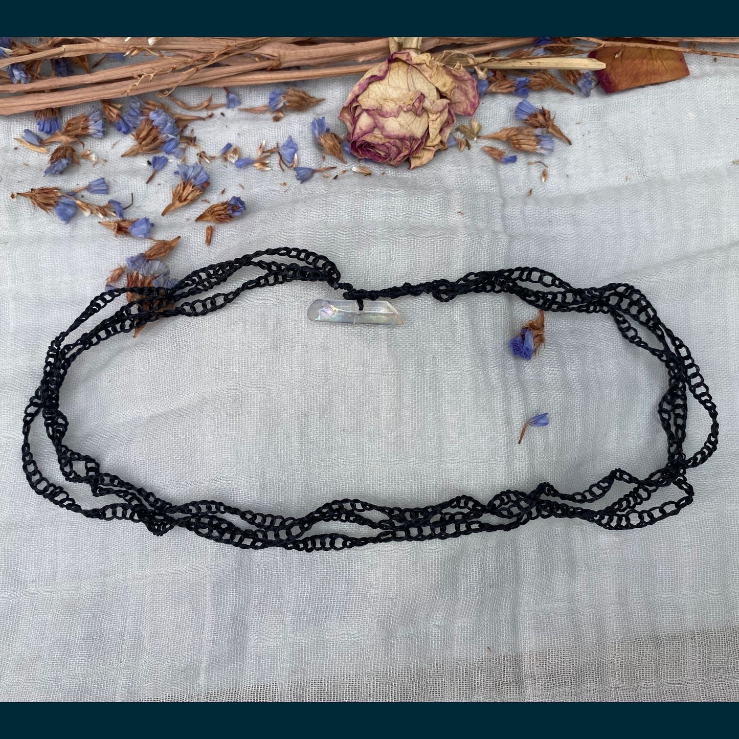 hand crochet vegan silk chain with quartz clasp metal free full view