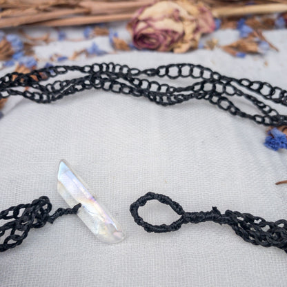 close up of clasp hand crochet vegan silk chain with quartz clasp metal free