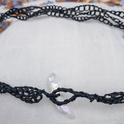 hand crochet vegan silk chain with quartz clasp metal free close up of clasp