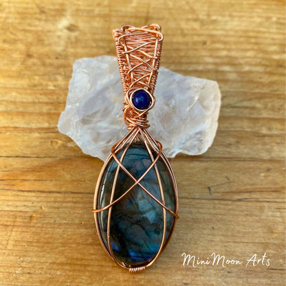 Labradorite & Lapis Lazuli Bright Copper Wire Wrapped Pendant