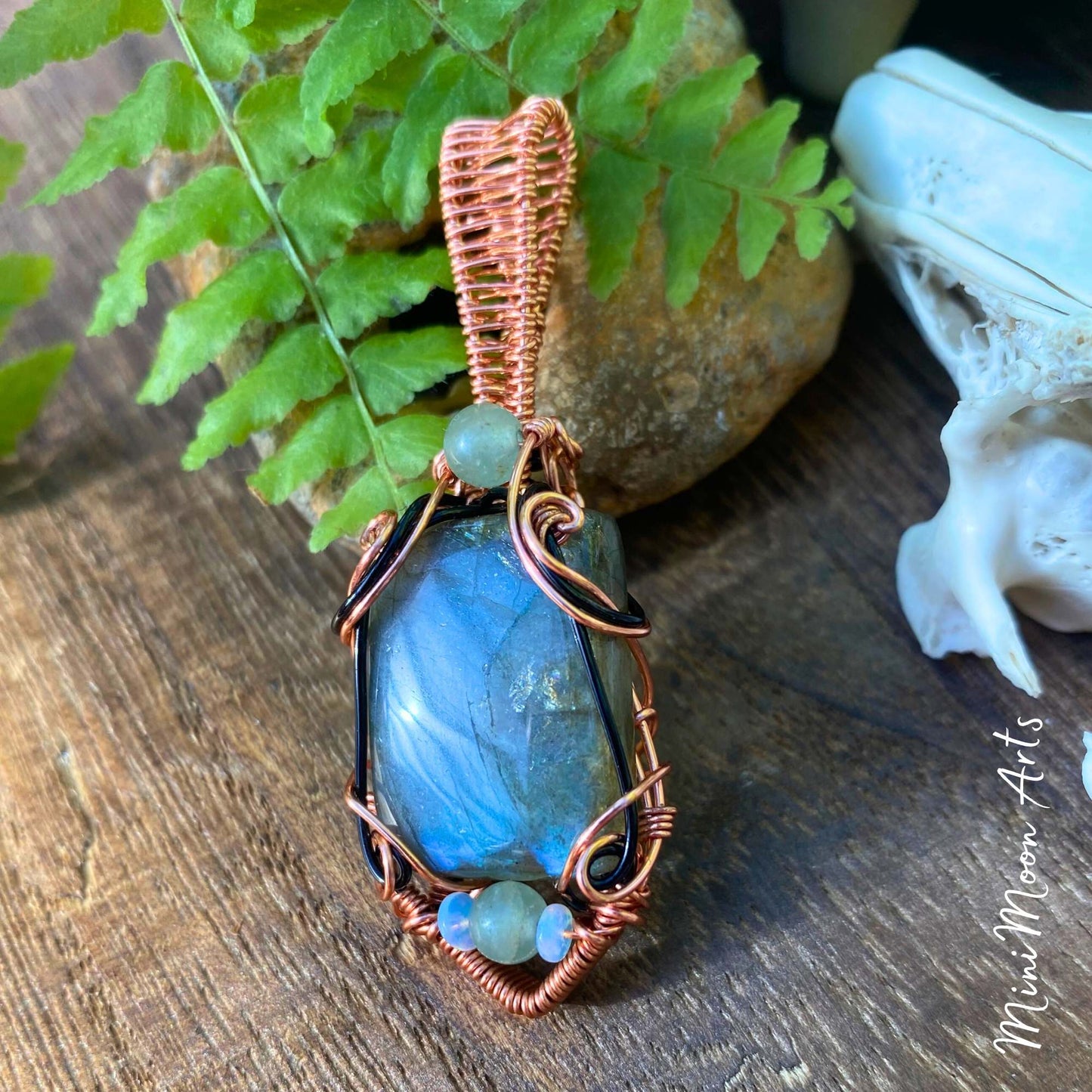 Intuition & Dreams | Labradorite, Green Aventurine & Opal, Copper & Black Plated Copper Wire Wrapped Pendant