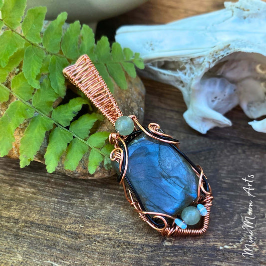 Intuition & Dreams | Labradorite, Green Aventurine & Opal, Copper & Black Plated Copper Wire Wrapped Pendant