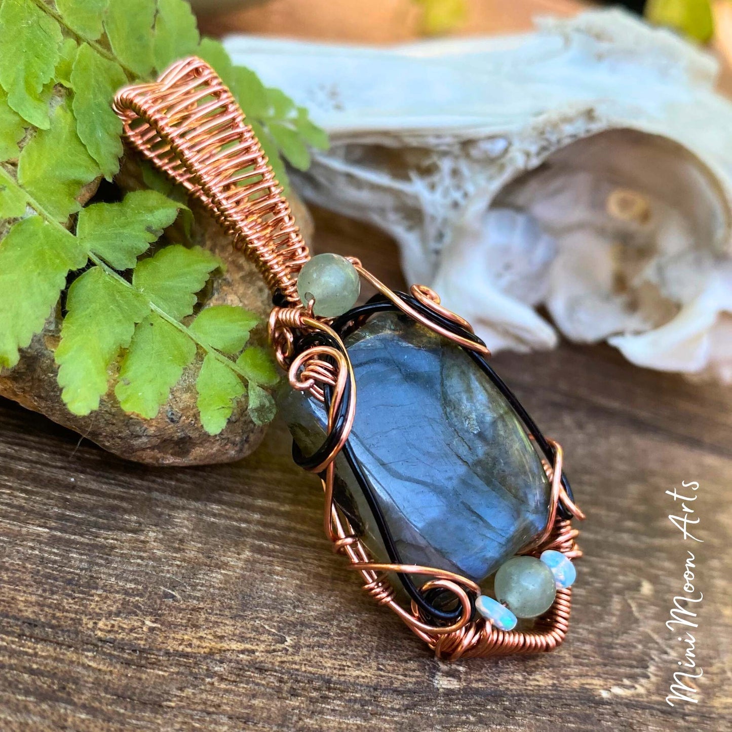 Intuition & Dreams | Labradorite, Green Aventurine & Opal, Copper & Black Plated Copper Wire Wrapped Pendant