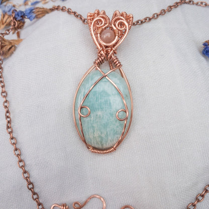 large amazonite and sunstone art deco style pendant on copper chain