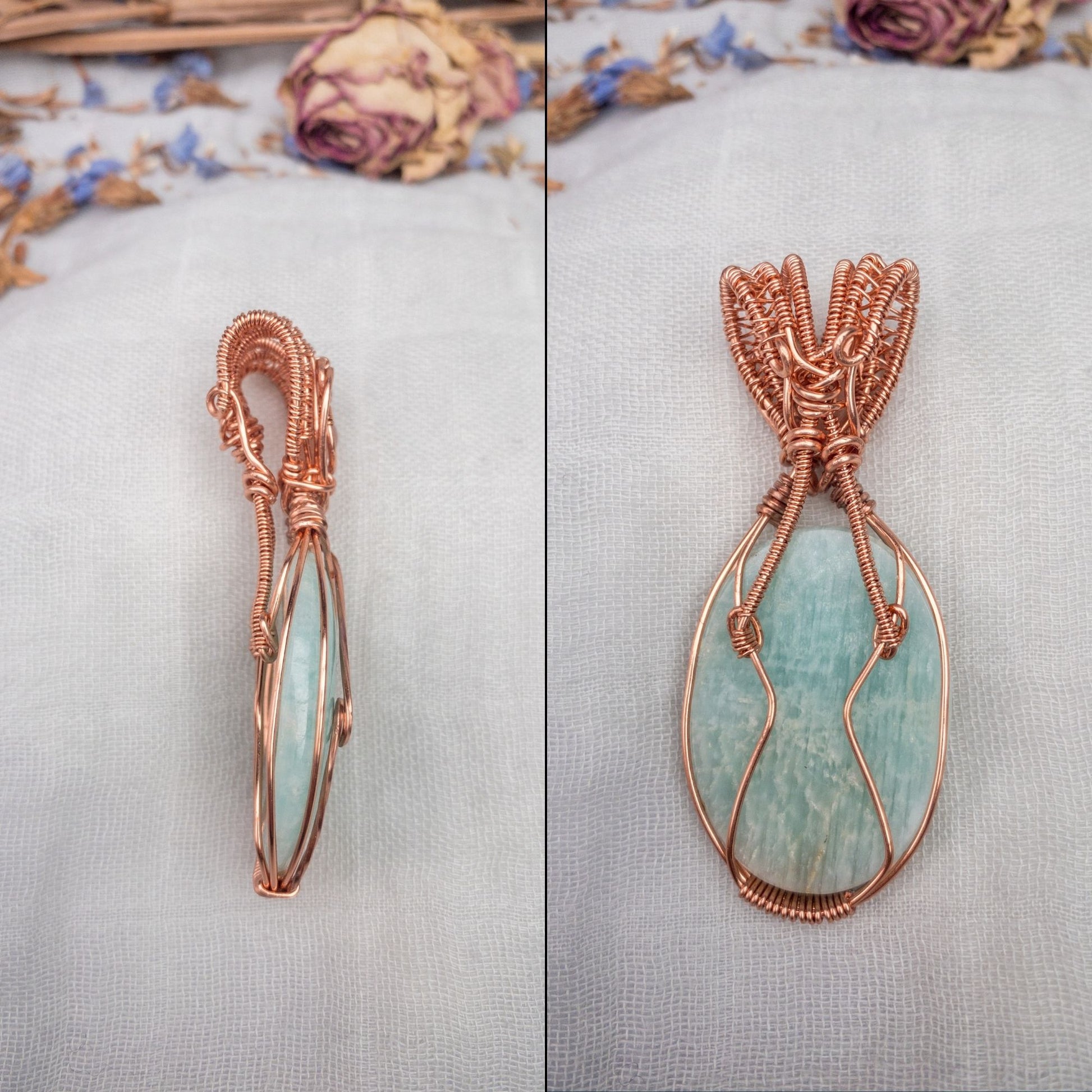 large amazonite and sunstone art deco style pendant side and back view