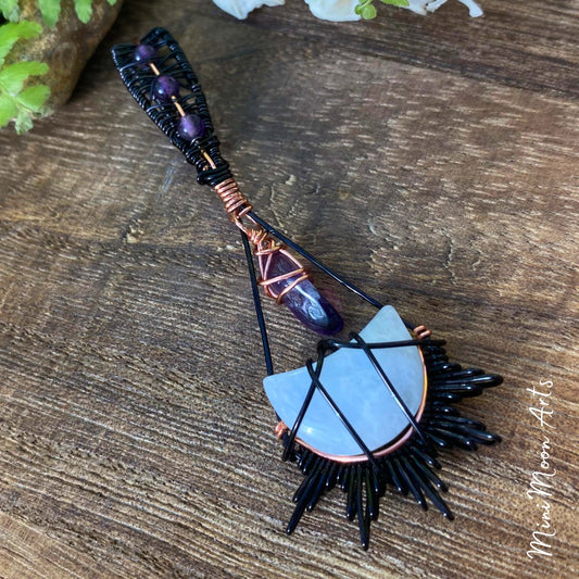 Self-Connection | Amethyst & Moonstone Moon Copper & Black Plated Copper Wrapped Pendant