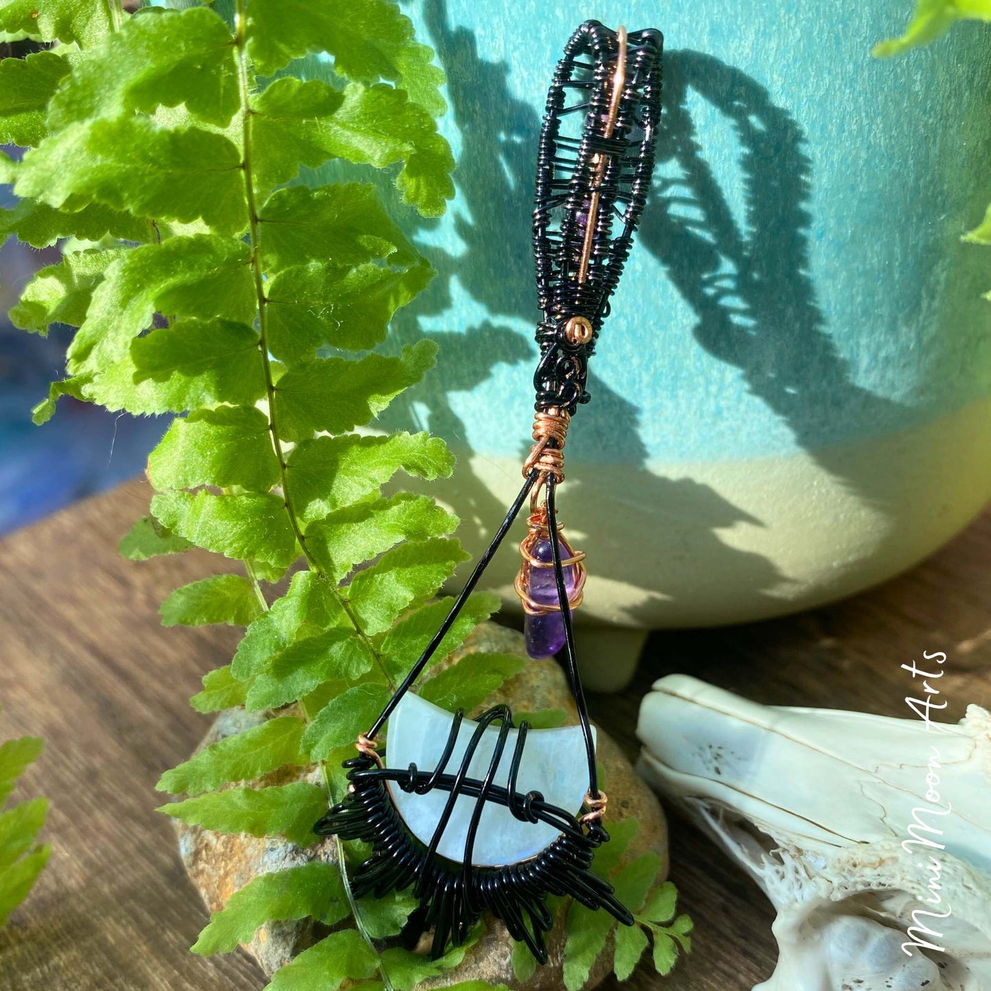 Self-Connection | Amethyst & Moonstone Moon Copper & Black Plated Copper Wrapped Pendant