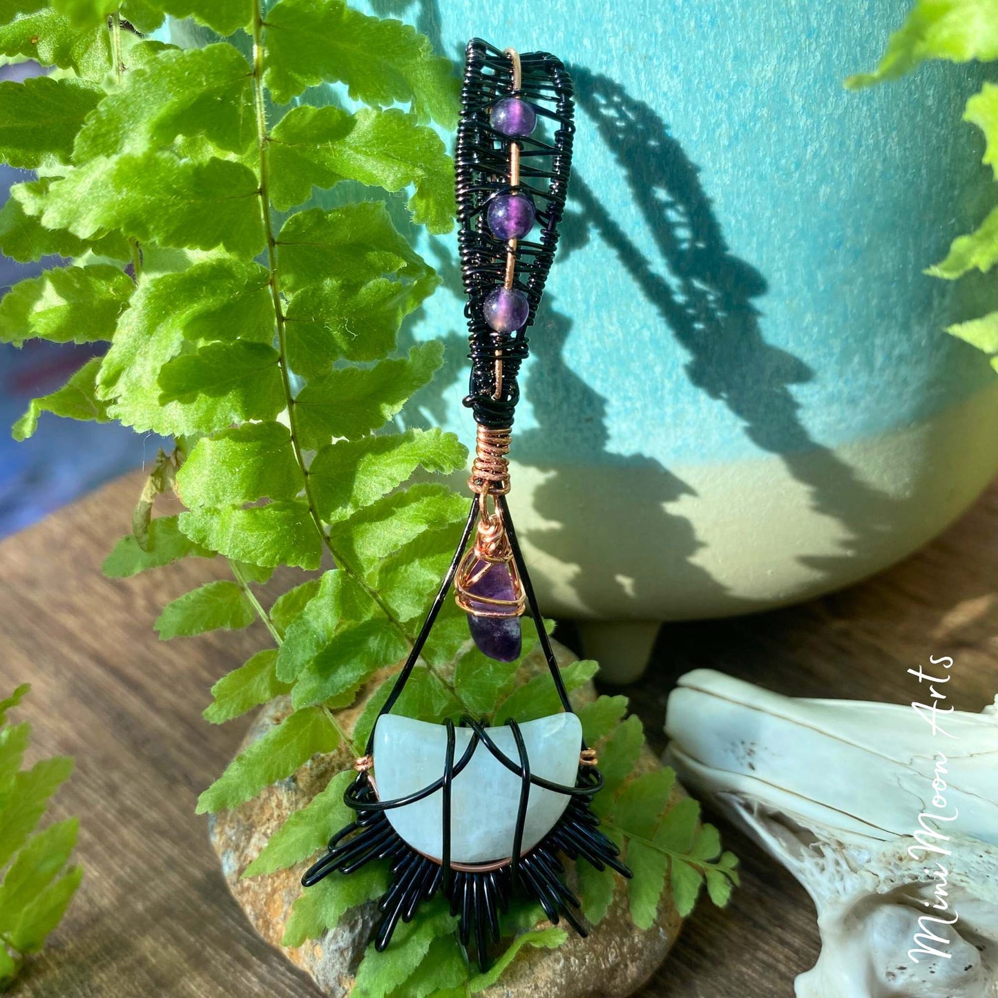 Self-Connection | Amethyst & Moonstone Moon Copper & Black Plated Copper Wrapped Pendant