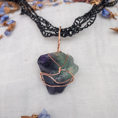 hand crochet vegan silk chain with quartz clasp metal free example with rainbow fluorite