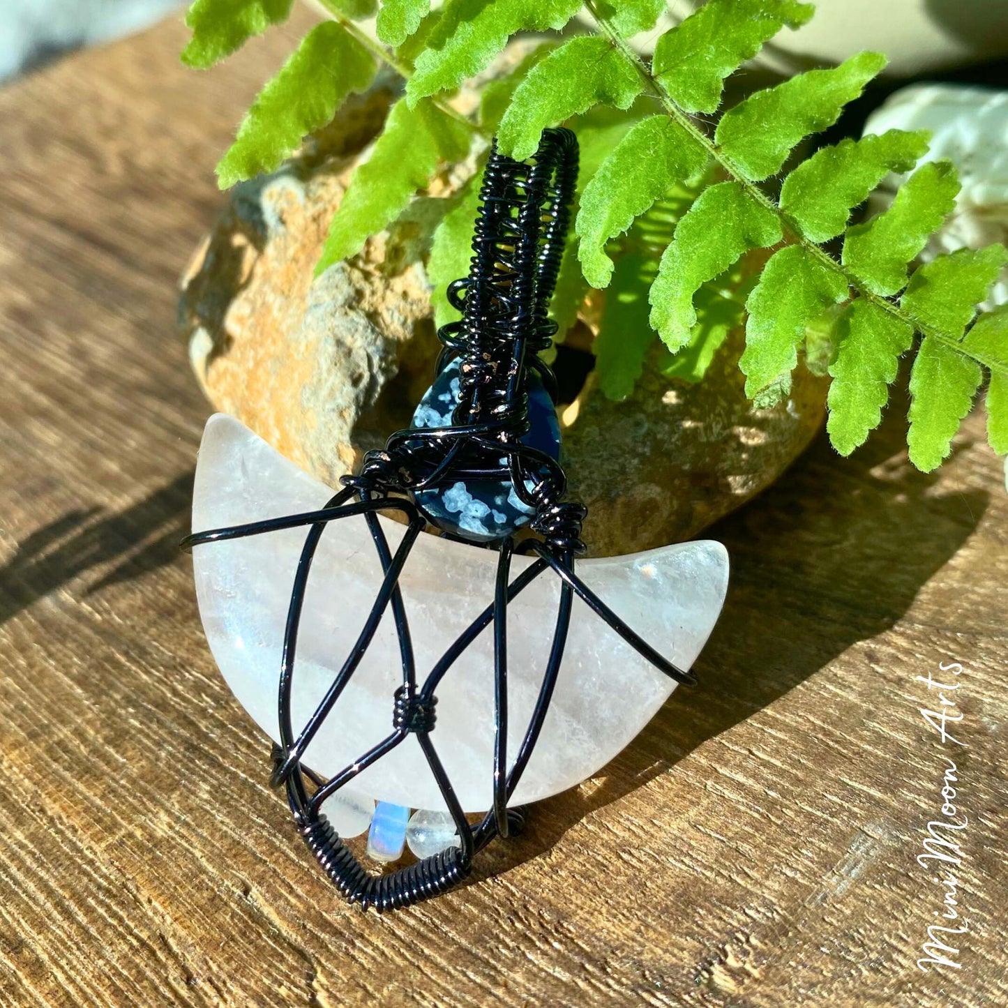 Self-Love & Letting Go | Rose Quartz Moon, Snowflake Obsidian & Opal, Black Plated Copper Wrapped Pendant