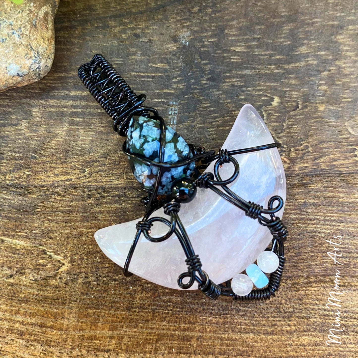 Self-Love & Letting Go | Rose Quartz Moon, Snowflake Obsidian & Opal, Black Plated Copper Wrapped Pendant