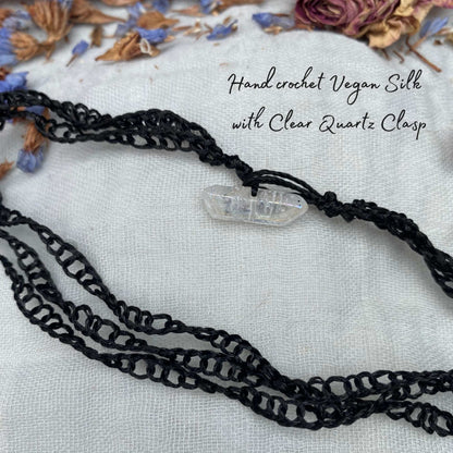 hand crochet vegan silk chain with three strands metal free finished with quartz and loop clasp for hypersensitive skin
