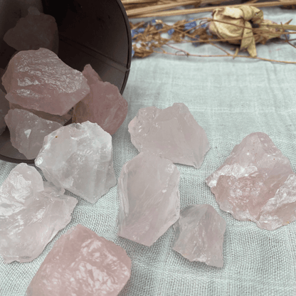 Raw rose quartz chunks