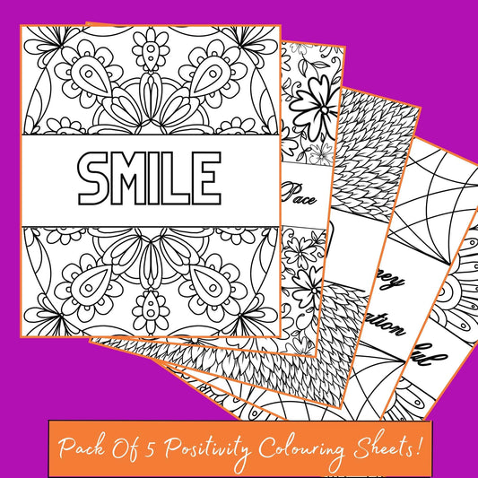 graphic showing splayed digital positivity colouring pages for mindfulness