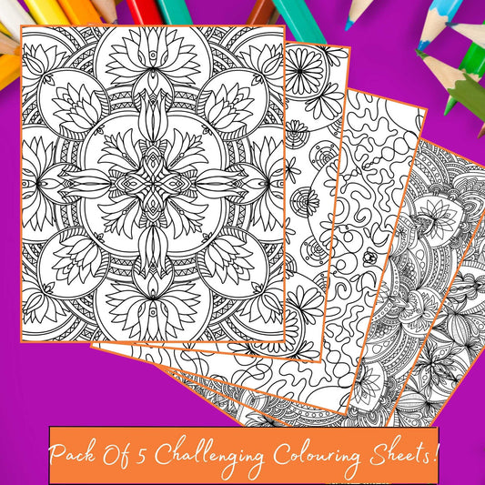 graphic of splayed challenging colouring sheets 