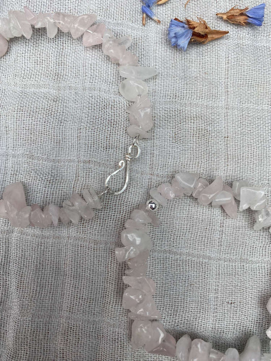 Rose Quartz bracelet one stretch cord one memory wire with silver handmade clasp close up