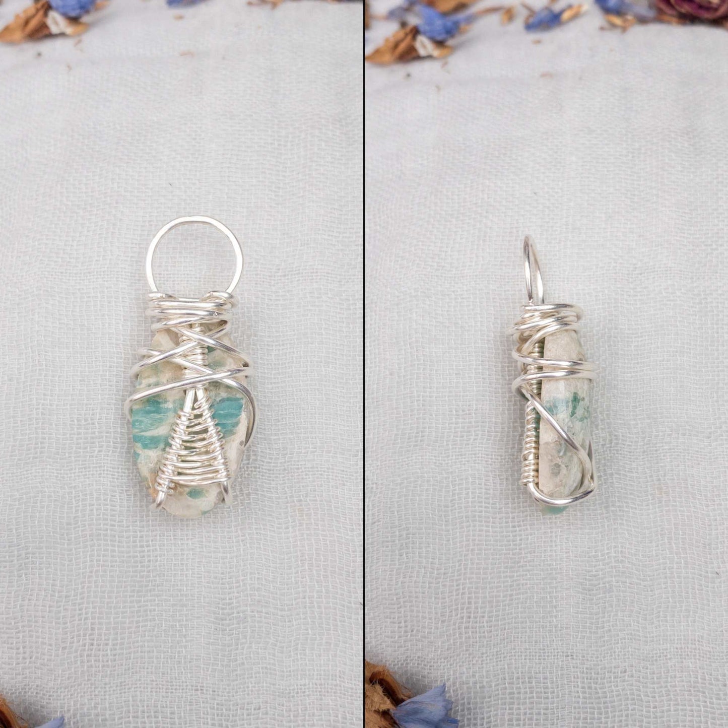 back and side view amazonite wire wrapped with silver filled wire