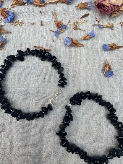 black obsidian bracelet one stretch cord one memory wire with silver handmade clasp