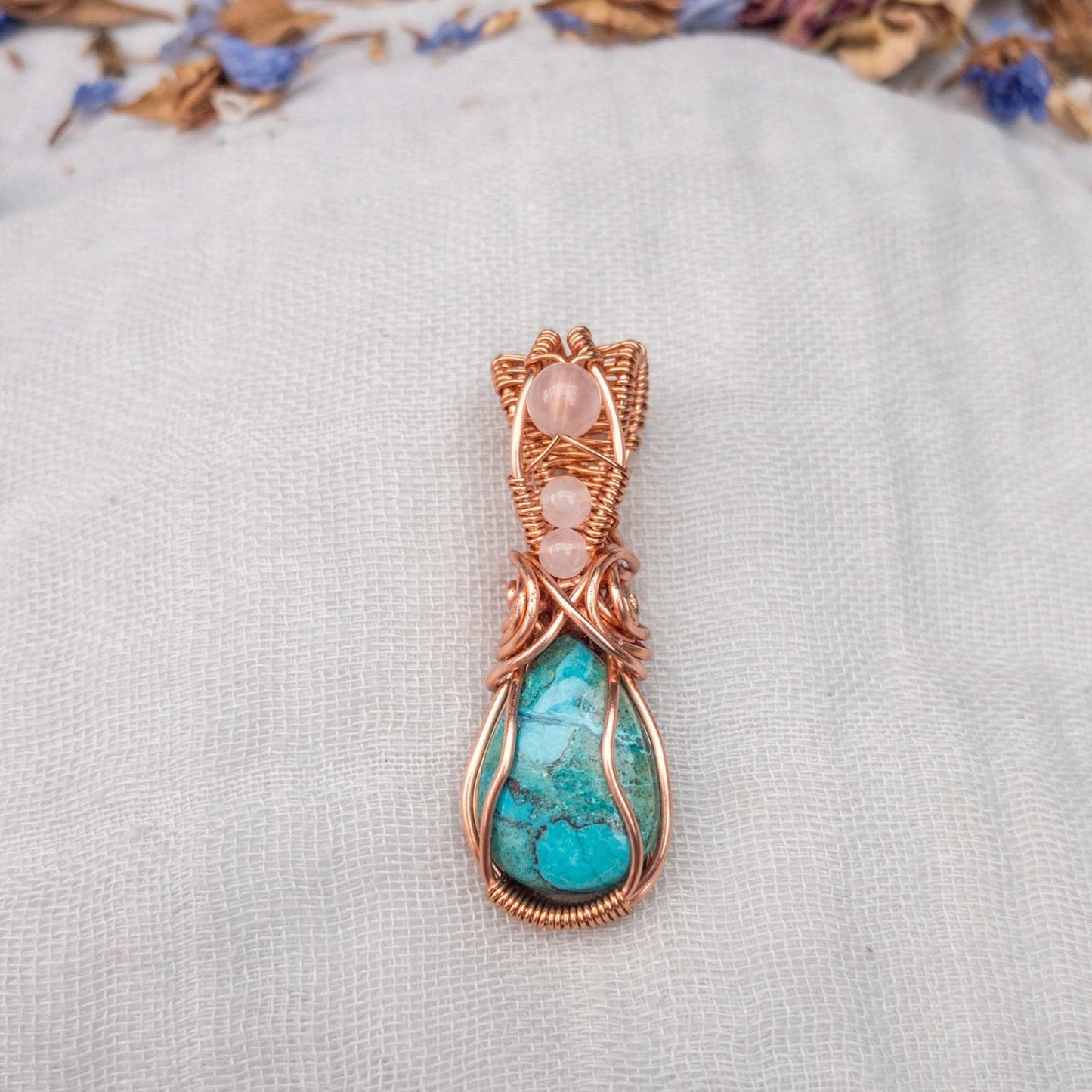 chrysocolla and rose quartz wire wrapped in copper pendant