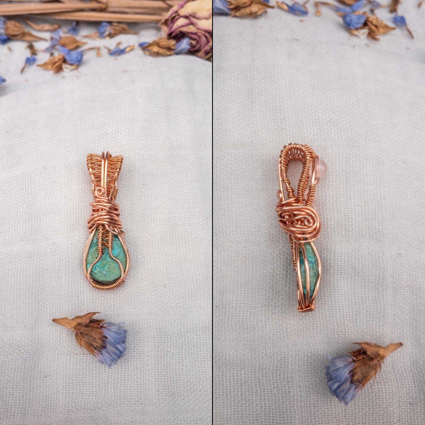 chrysocolla and rose quartz wire wrapped in copper pendant back and side view