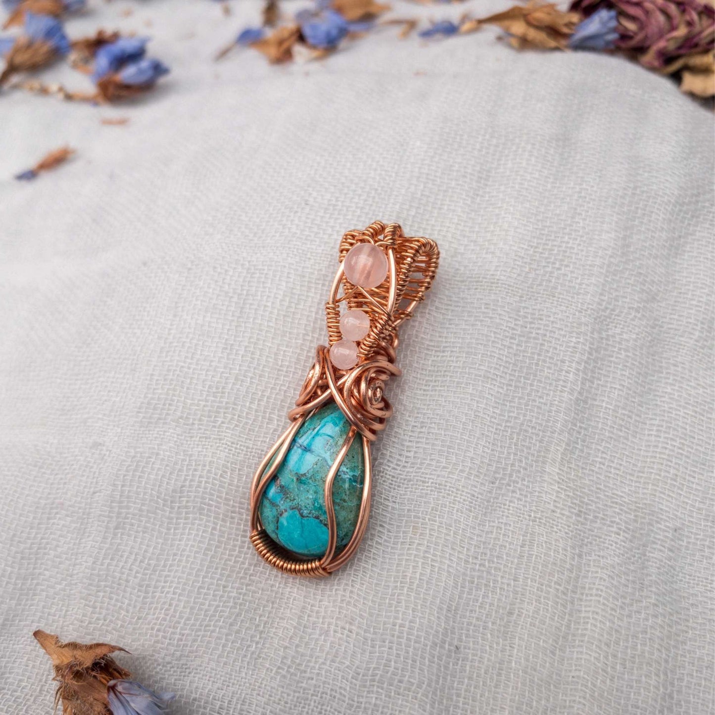 chrysocolla and rose quartz wire wrapped in copper pendant