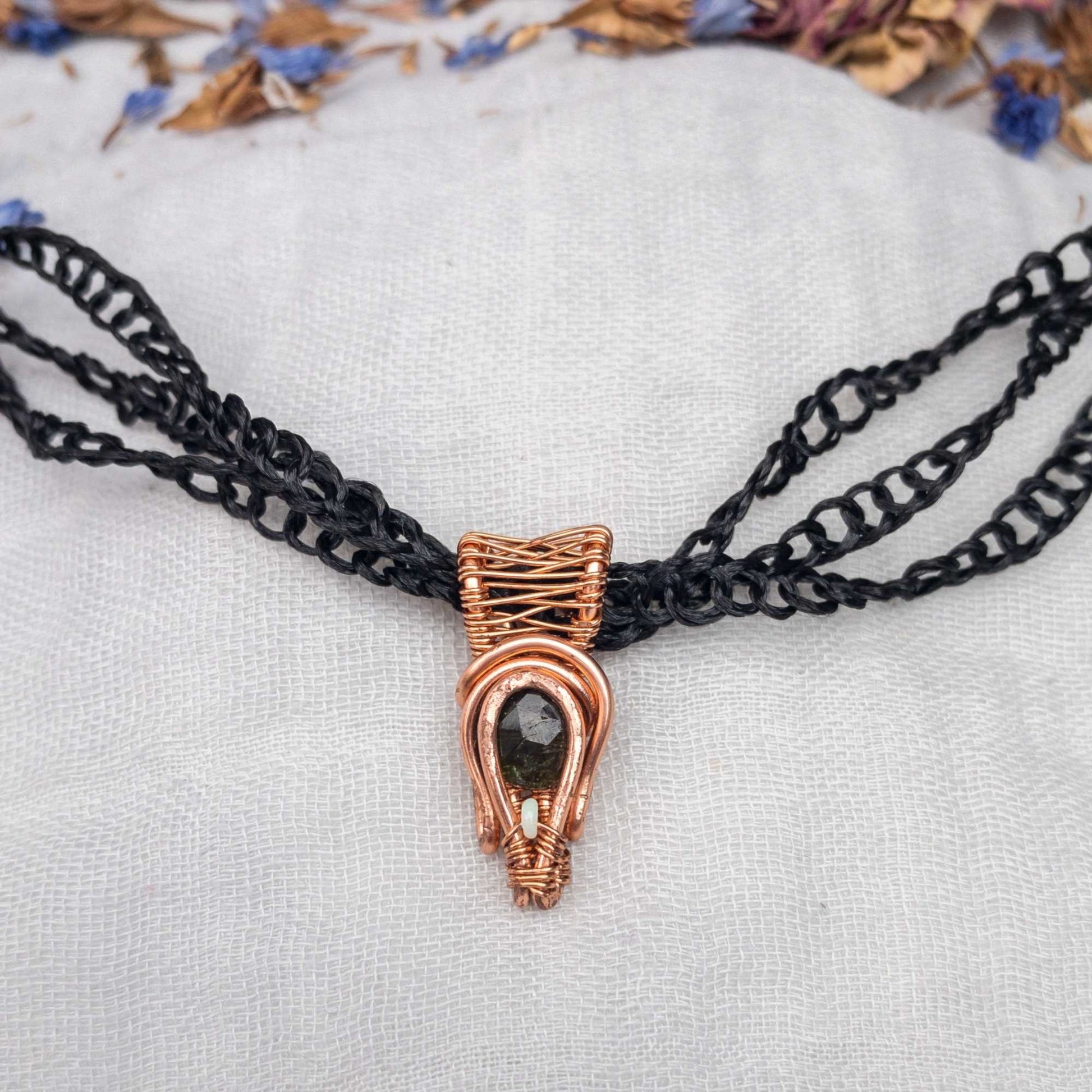 deep green tourmaline and opal wire wrapped pendant in copper wire example showing vegan silk cord chain