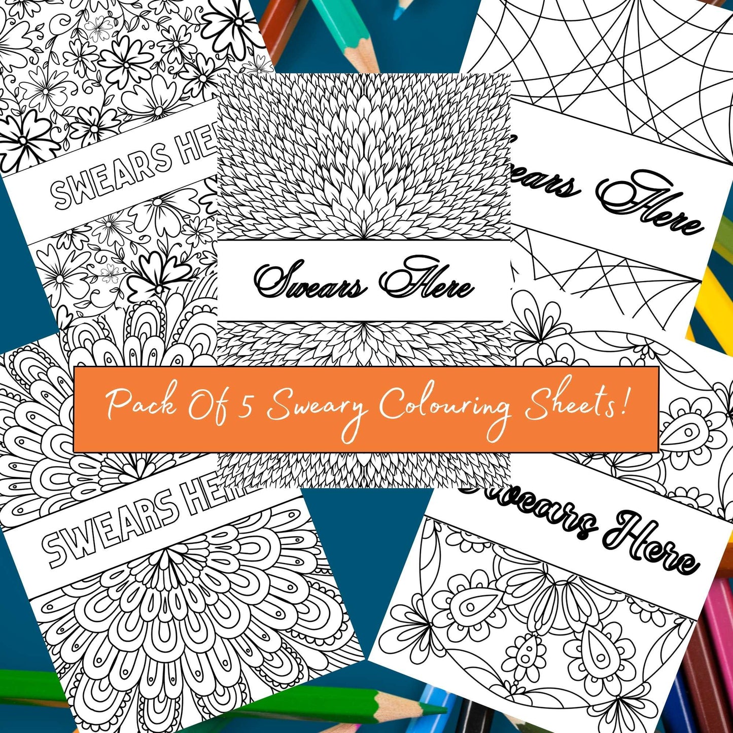 pack of 5 mindfulness colouring sheets with colouring pencils