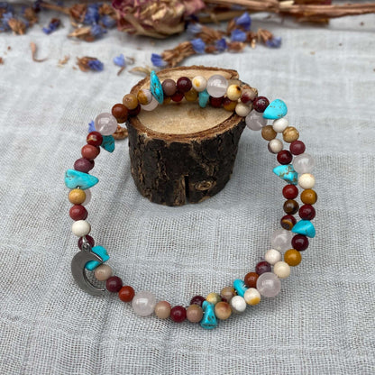 multi wrapped memory wire bracelet made with mookaite jasper turquoise howlite rose quarts