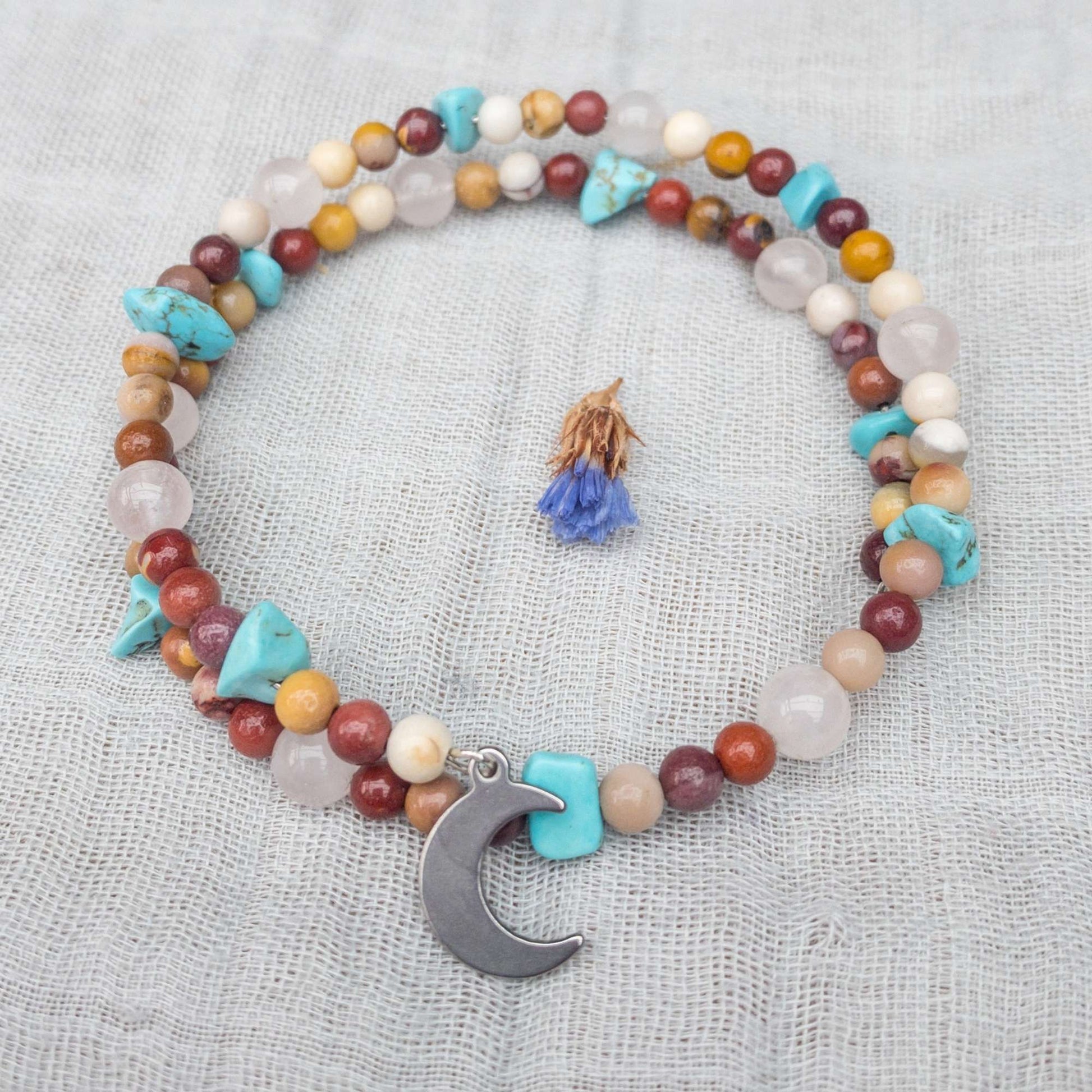 multi wrapped memory wire bracelet made with mookaite jasper turquoise howlite rose quarts