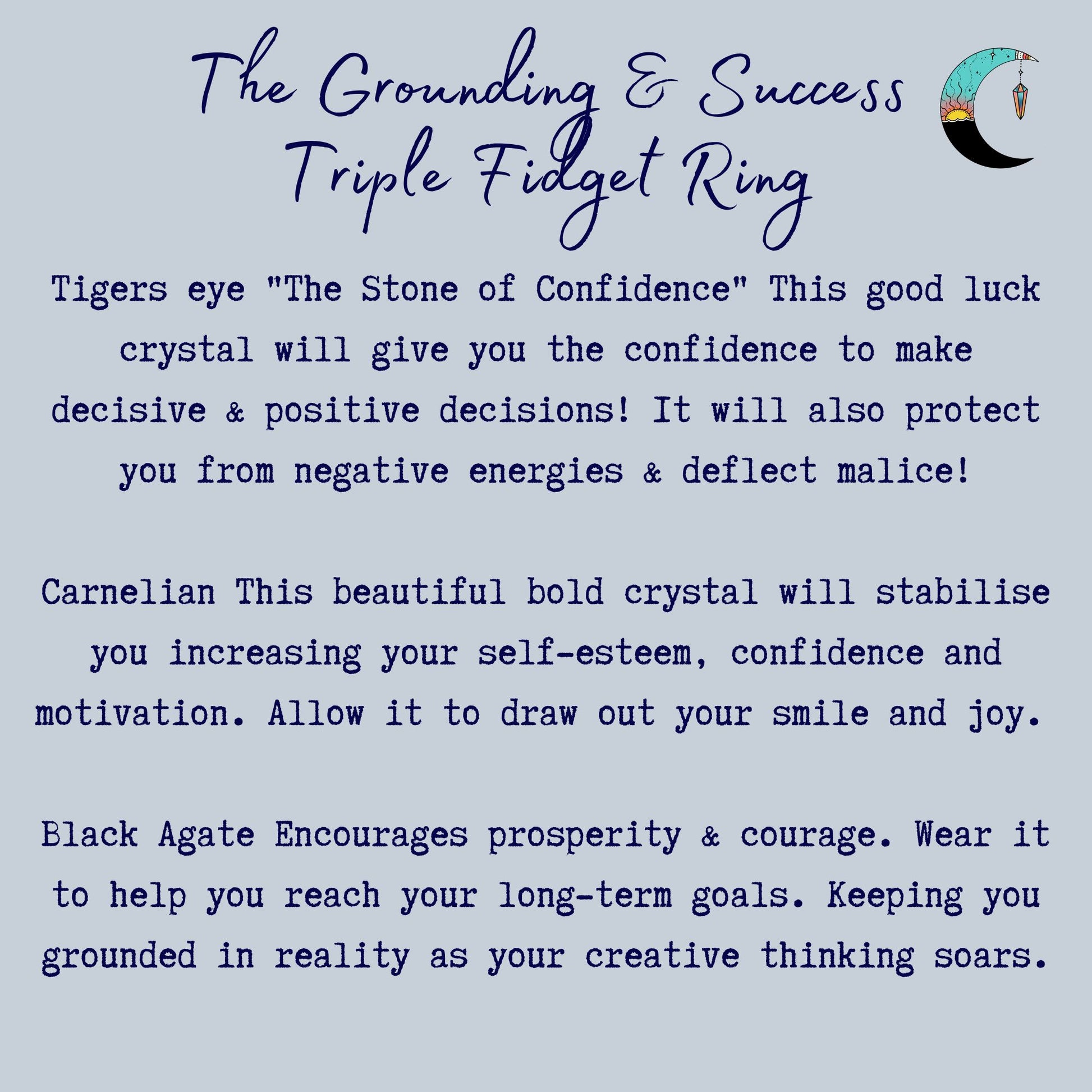 information card triple fidget ring grounding and success black agate tigers eye carnelian